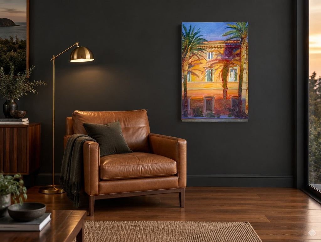 Golden Palms Facade floral canvas print on the wall of a charcoal living room