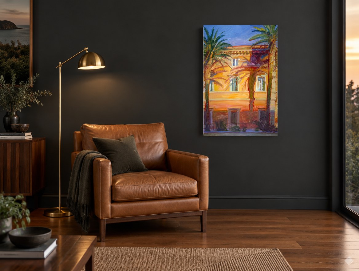 Golden Palms Facade floral canvas print on the wall of a charcoal living room