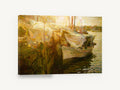 Golden Harbour Moorings, moored fishing boat harbour artwork, coastal canvas wall art print ready to hang