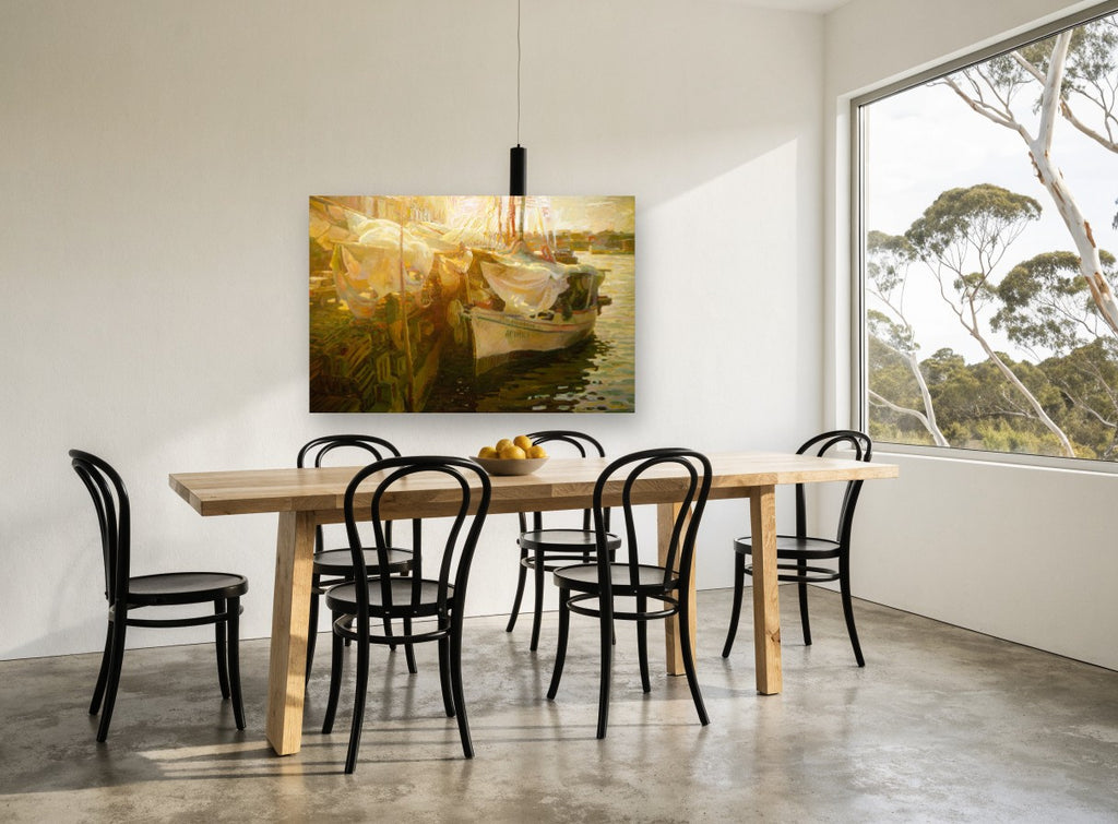 Golden Harbour Moorings coastal canvas print on the wall of a dining room