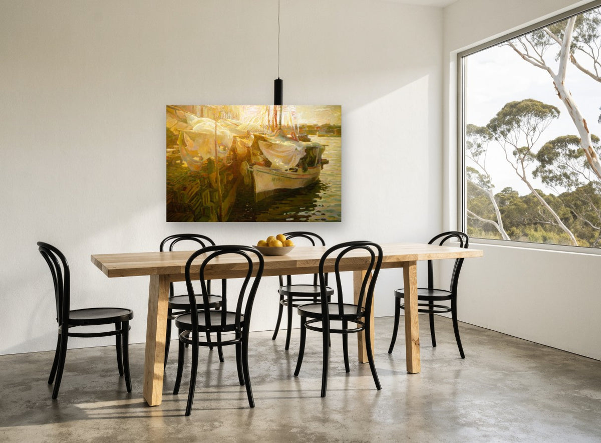 Golden Harbour Moorings coastal canvas print on the wall of a dining room