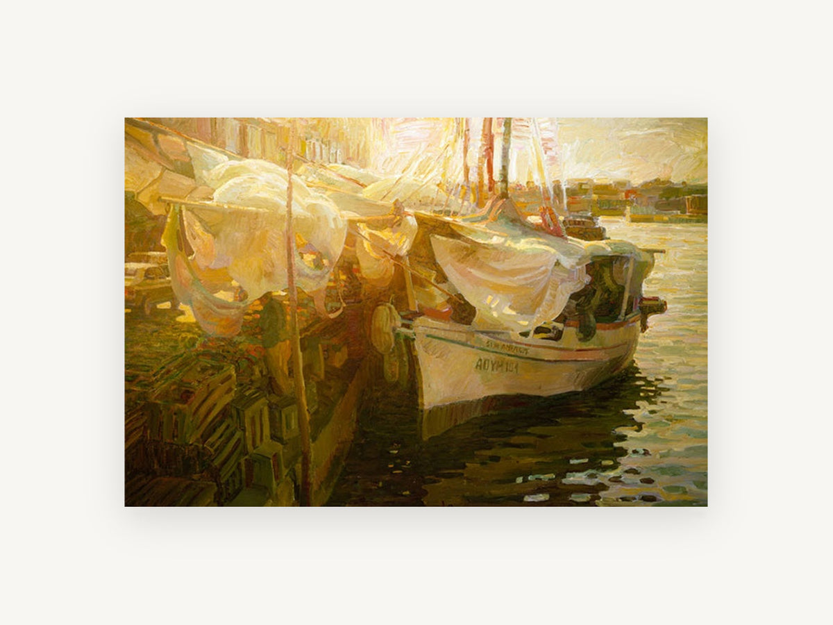 Golden Harbour Moorings, coastal canvas wall art print, front view