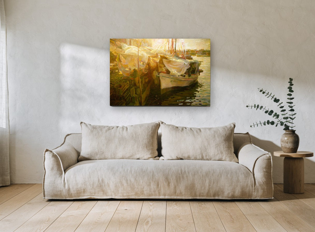 Golden Harbour Moorings coastal canvas print on the wall of a living room