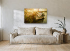 Golden Harbour Moorings coastal canvas print on the wall of a living room