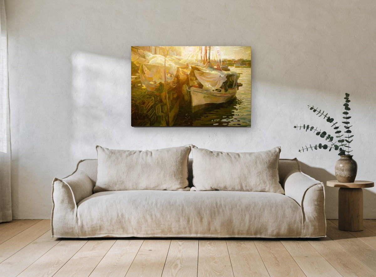 Golden Harbour Moorings coastal canvas print on the wall of a living room