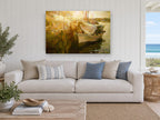 Golden Harbour Moorings coastal canvas print on the wall of a beach house living room