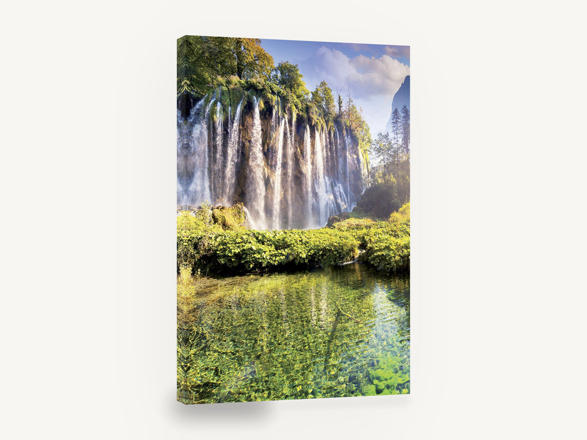 Emerald Falls Pool, waterfall forest landscape photograph, floral canvas wall art print ready to hang