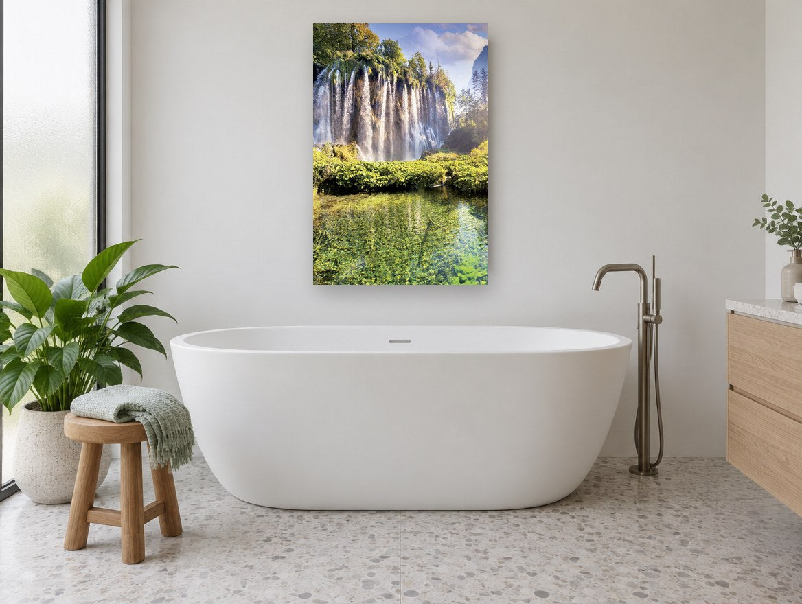 Emerald Falls Pool floral canvas print on the wall of a bathroom