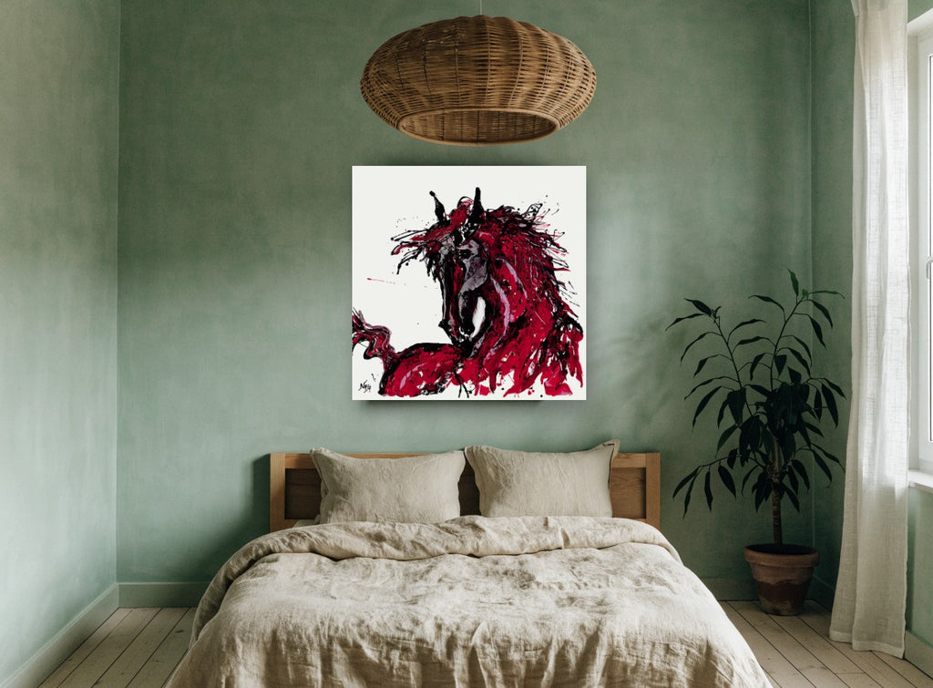 Crimson Stallion Splash animal canvas print on the wall of a bedroom