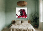 Crimson Stallion Splash animal canvas print on the wall of a bedroom
