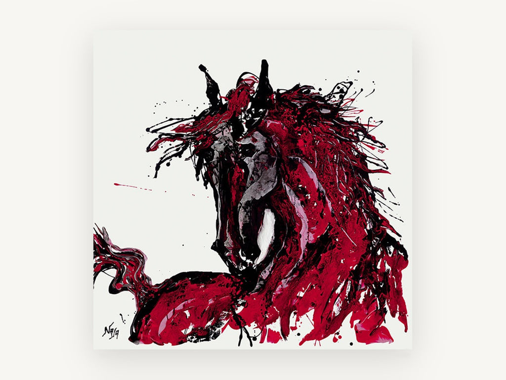 Crimson Stallion Splash, red and black abstract horse art, animal canvas wall art print, front view