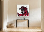 Crimson Stallion Splash animal canvas print on the wall of a hallway