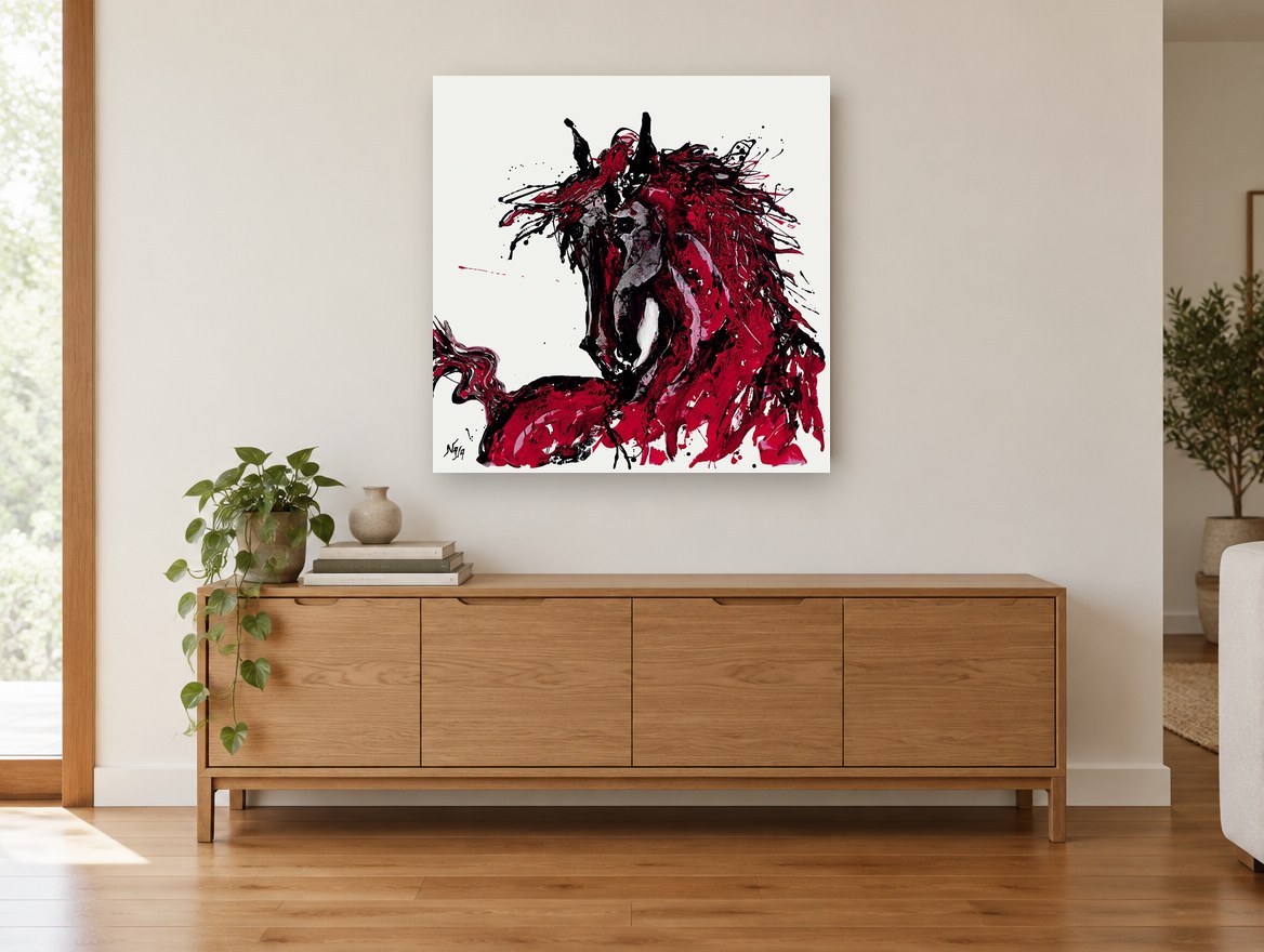 Crimson Stallion Splash animal canvas print on the wall of a living room above a sideboard