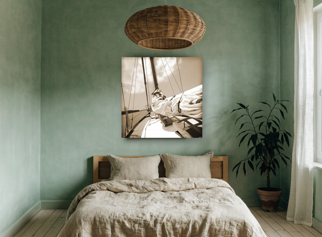Furled Sail Sepia coastal canvas print on the wall of a bedroom
