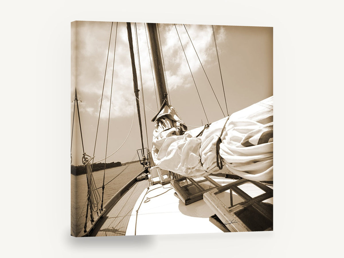 Furled Sail Sepia, sepia sailboat deck photograph, coastal canvas wall art print ready to hang