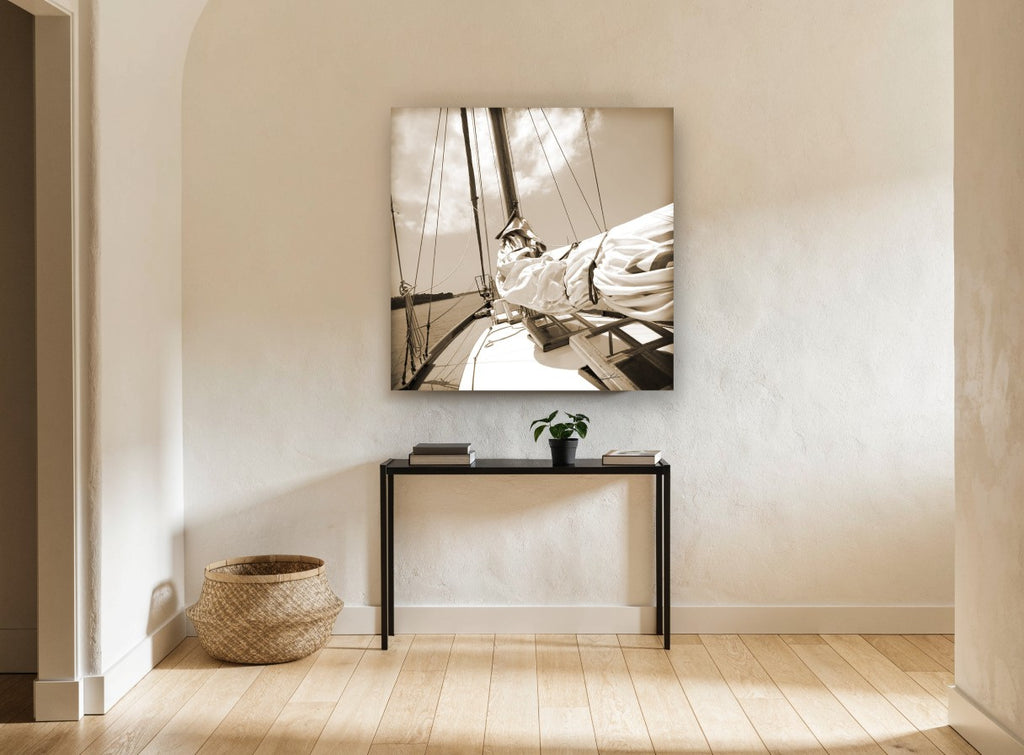 Furled Sail Sepia coastal canvas print on the wall of a hallway