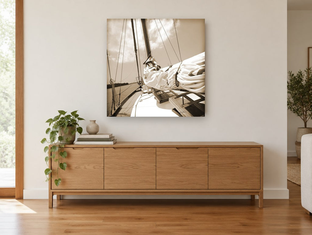 Furled Sail Sepia coastal canvas print on the wall of a living room above a sideboard