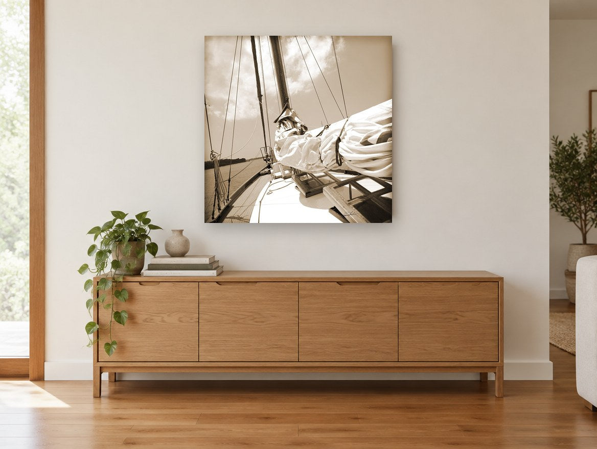 Furled Sail Sepia coastal canvas print on the wall of a living room above a sideboard