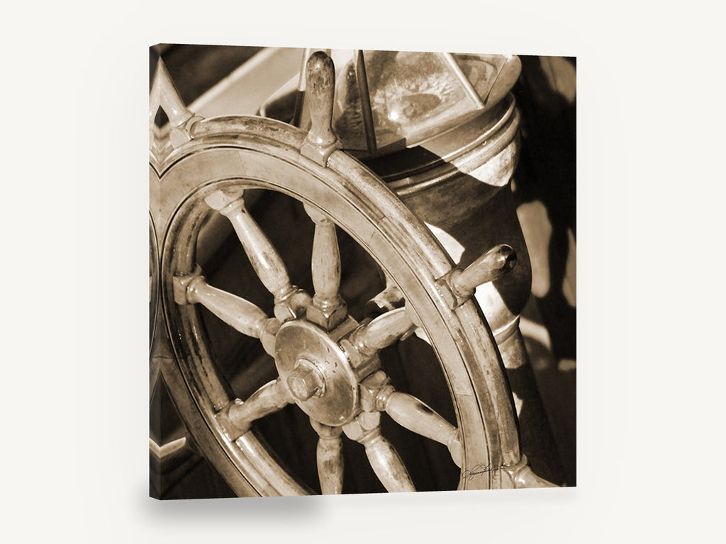 Sepia Helm Wheel, sepia ship wheel photograph, coastal canvas wall art print ready to hang