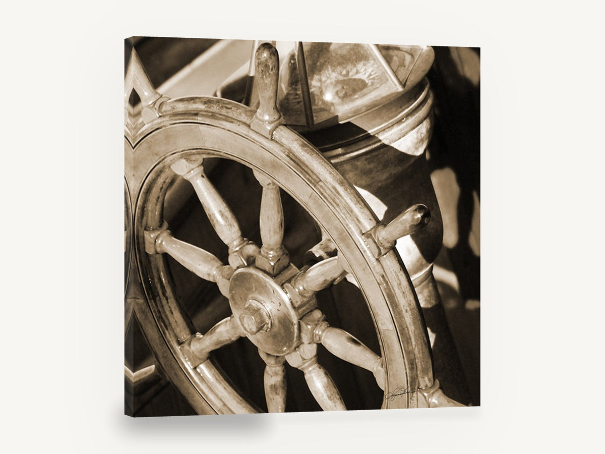 Sepia Helm Wheel, sepia ship wheel photograph, coastal canvas wall art print ready to hang