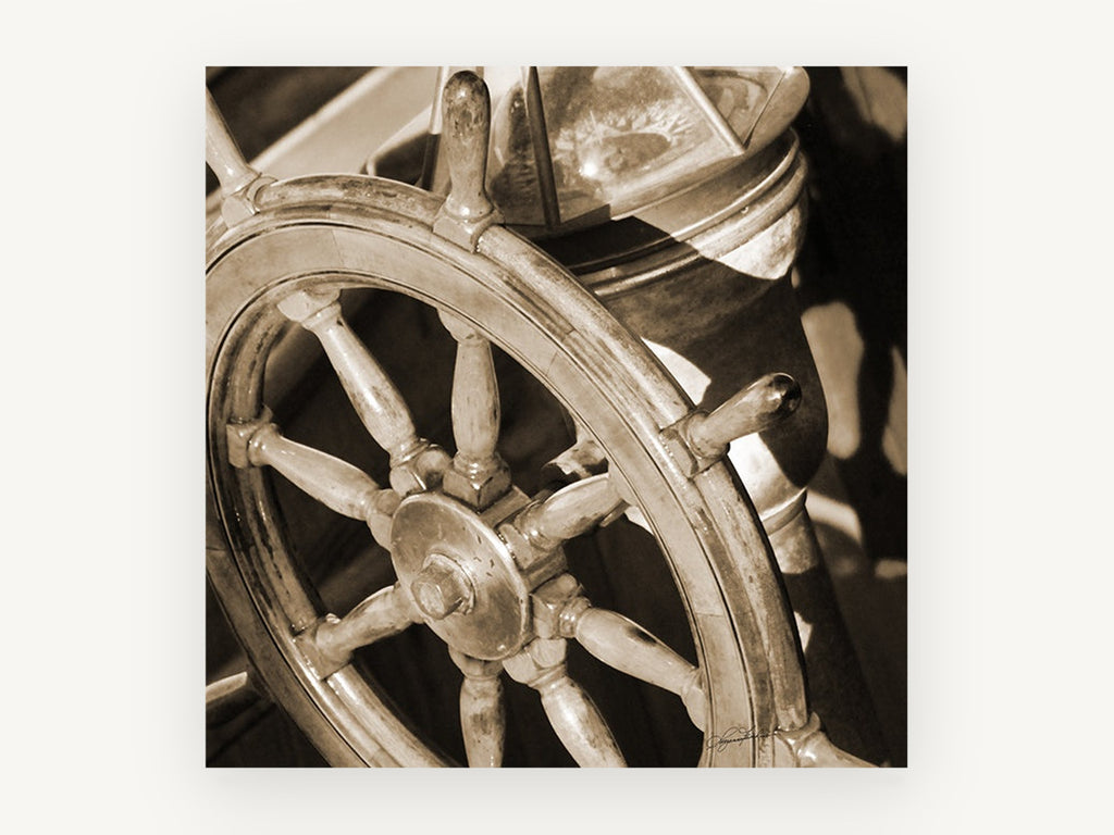 Sepia Helm Wheel, coastal canvas wall art print, front view