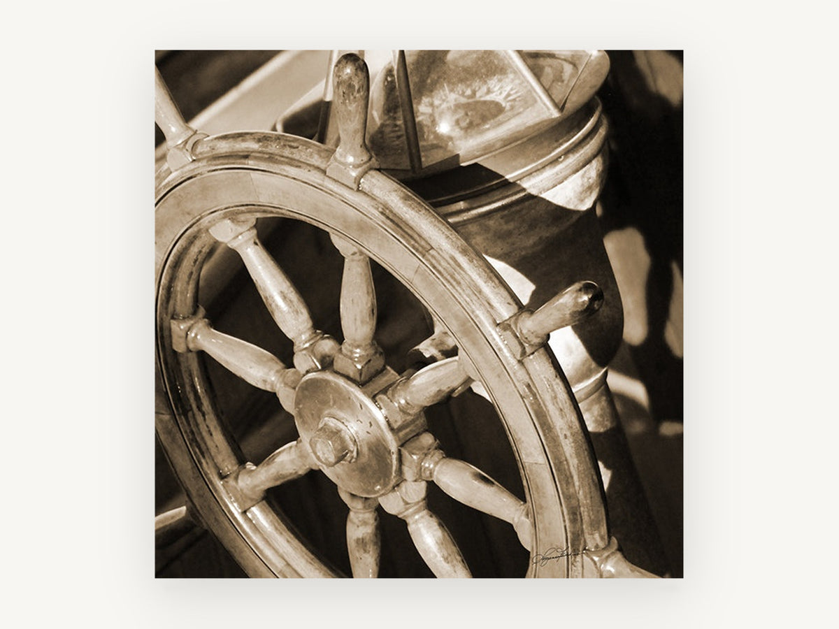 Sepia Helm Wheel, coastal canvas wall art print, front view