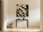 Sepia Helm Wheel coastal canvas print on the wall of a hallway