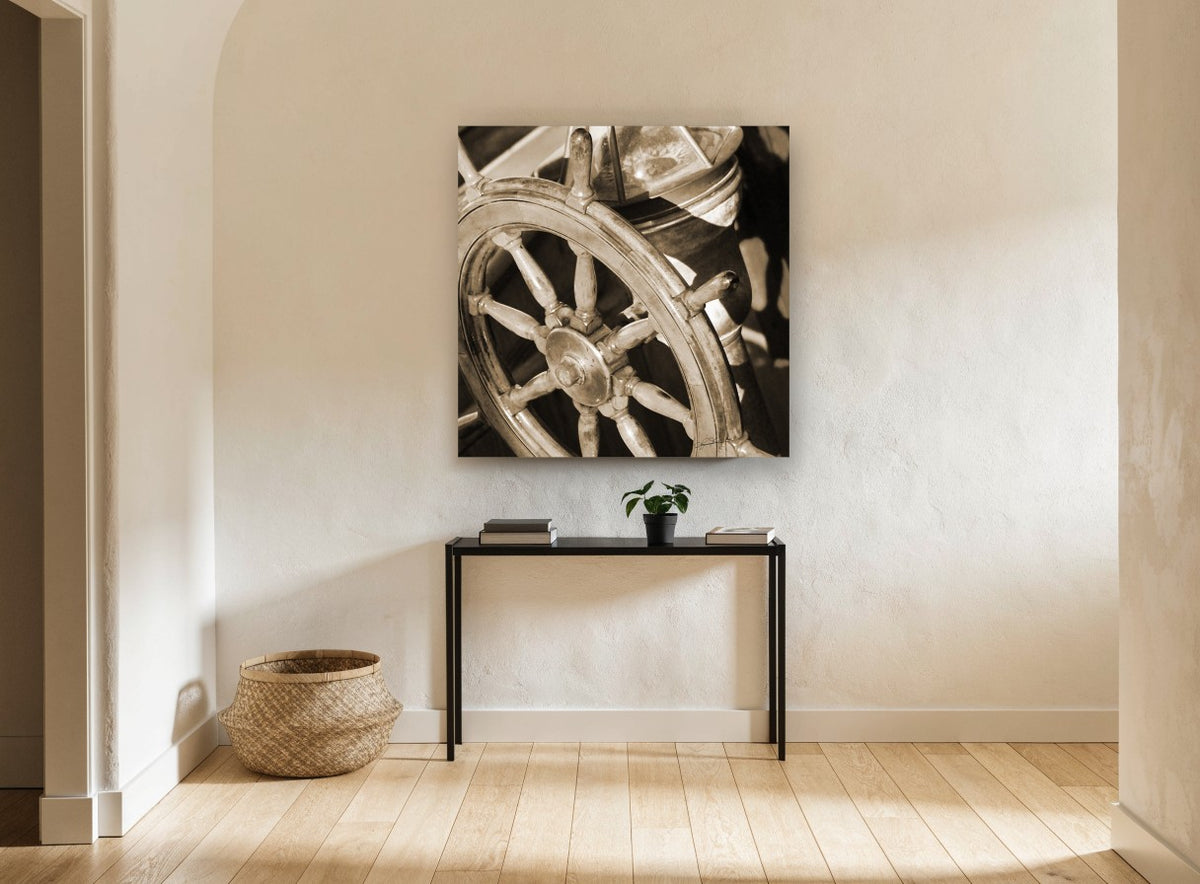 Sepia Helm Wheel coastal canvas print on the wall of a hallway