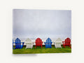 Chairs Facing the Mist, adirondack chairs foggy beach photograph, coastal canvas wall art print ready to hang