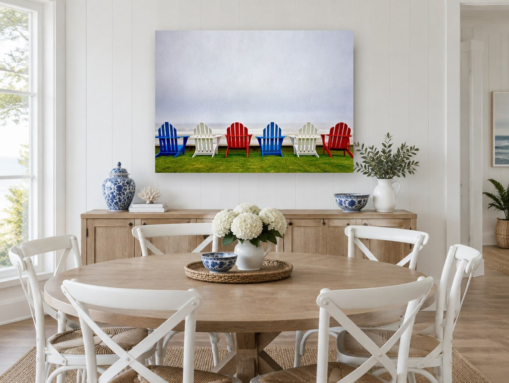 Chairs Facing the Mist coastal canvas print on the wall of a Hamptons dining room