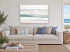 Soft Aqua Shorebreak coastal canvas print on the wall of a beach house living room