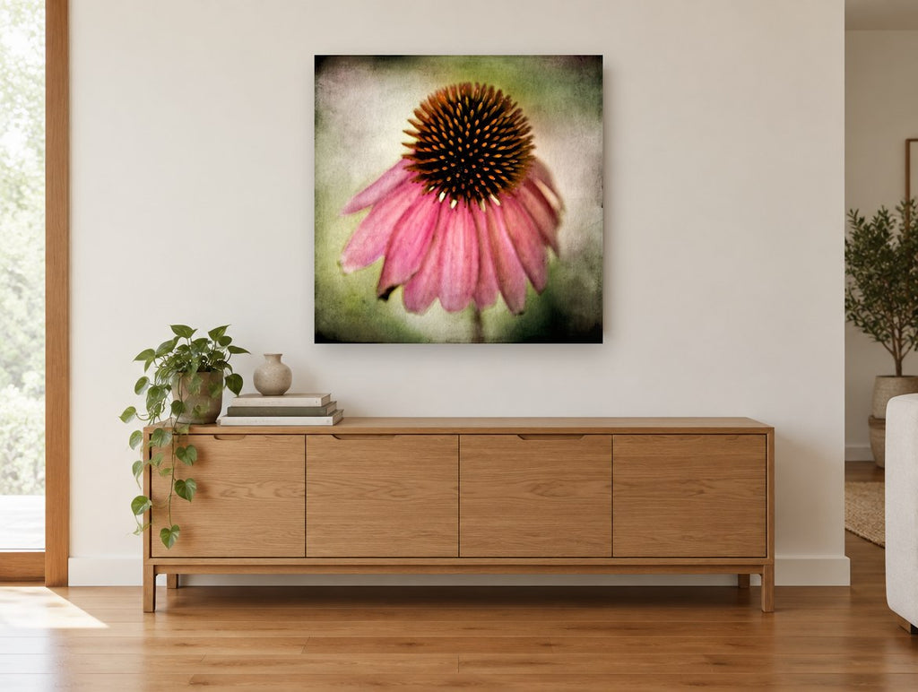 Drooping Coneflower floral canvas print on the wall of a living room above a sideboard