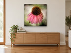 Drooping Coneflower floral canvas print on the wall of a living room above a sideboard