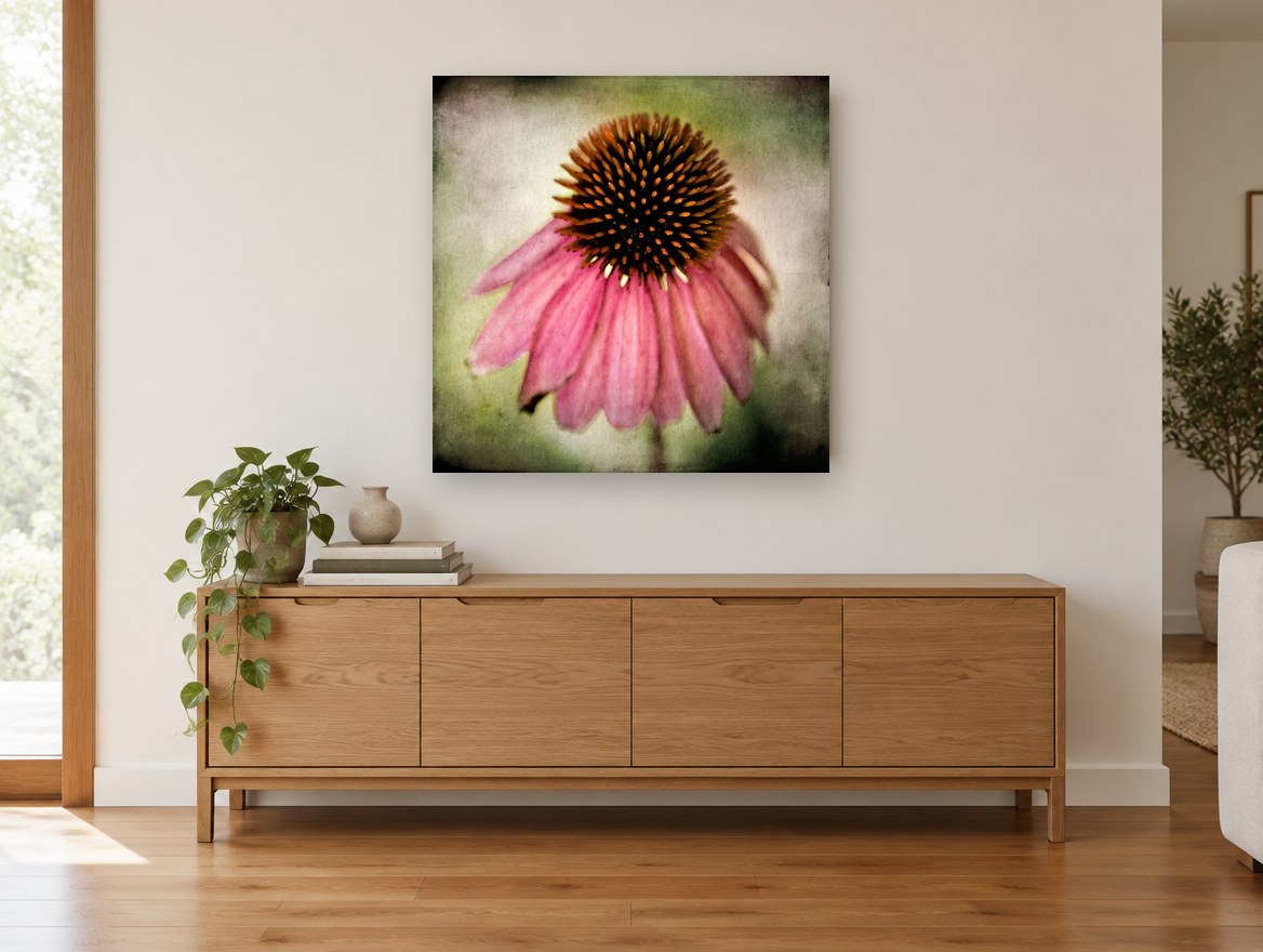Drooping Coneflower floral canvas print on the wall of a living room above a sideboard