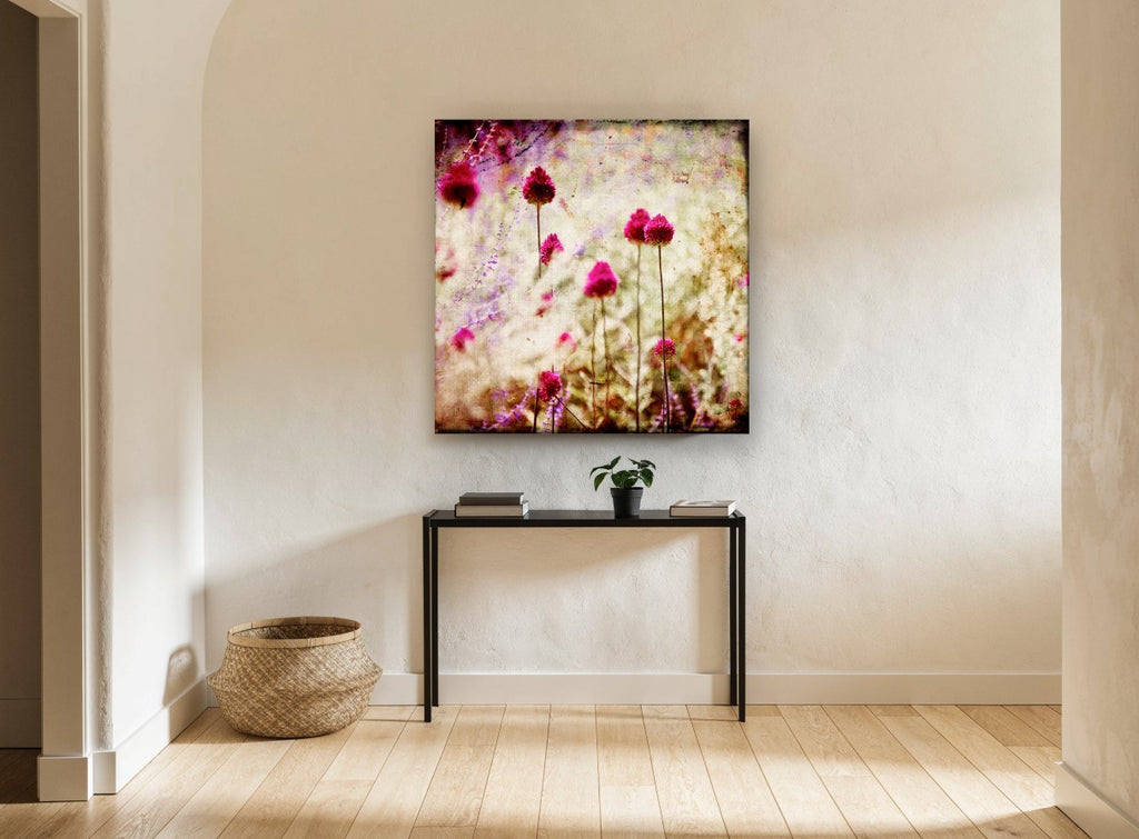 Magenta Allium Haze floral canvas print on the wall of a hallway