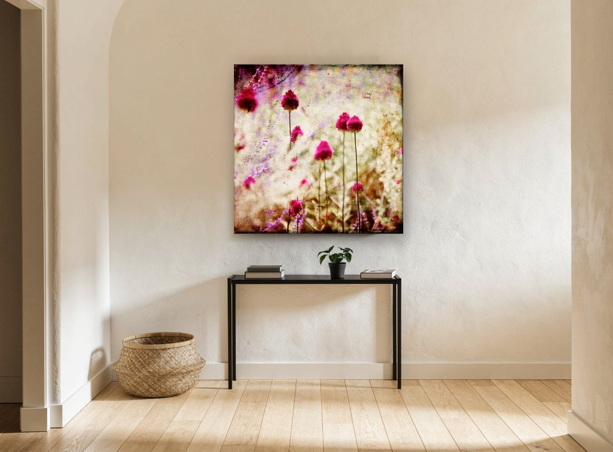 Magenta Allium Haze floral canvas print on the wall of a hallway