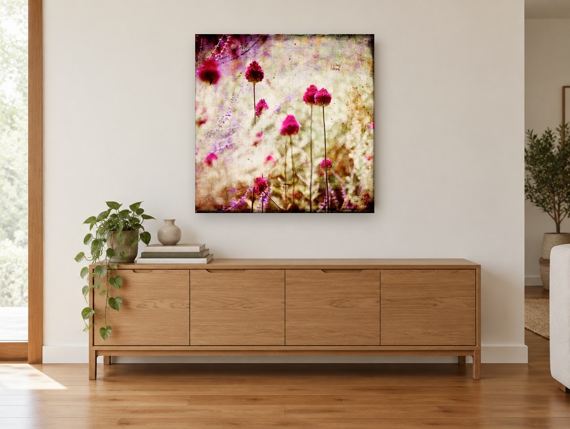 Magenta Allium Haze floral canvas print on the wall of a living room above a sideboard