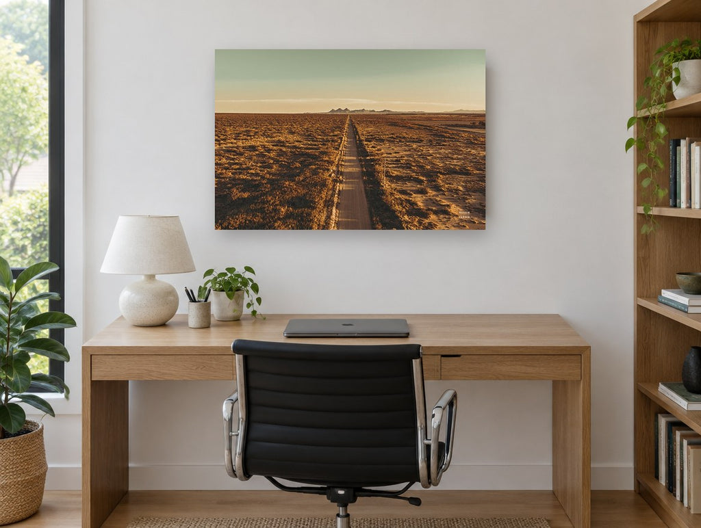 Golden Outback Road landscape canvas print on the wall of a study