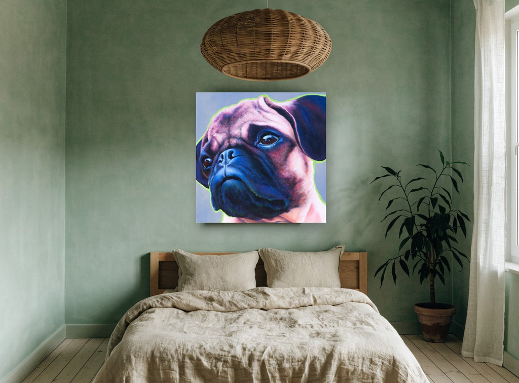 Lime Outline Pug animal canvas print on the wall of a bedroom