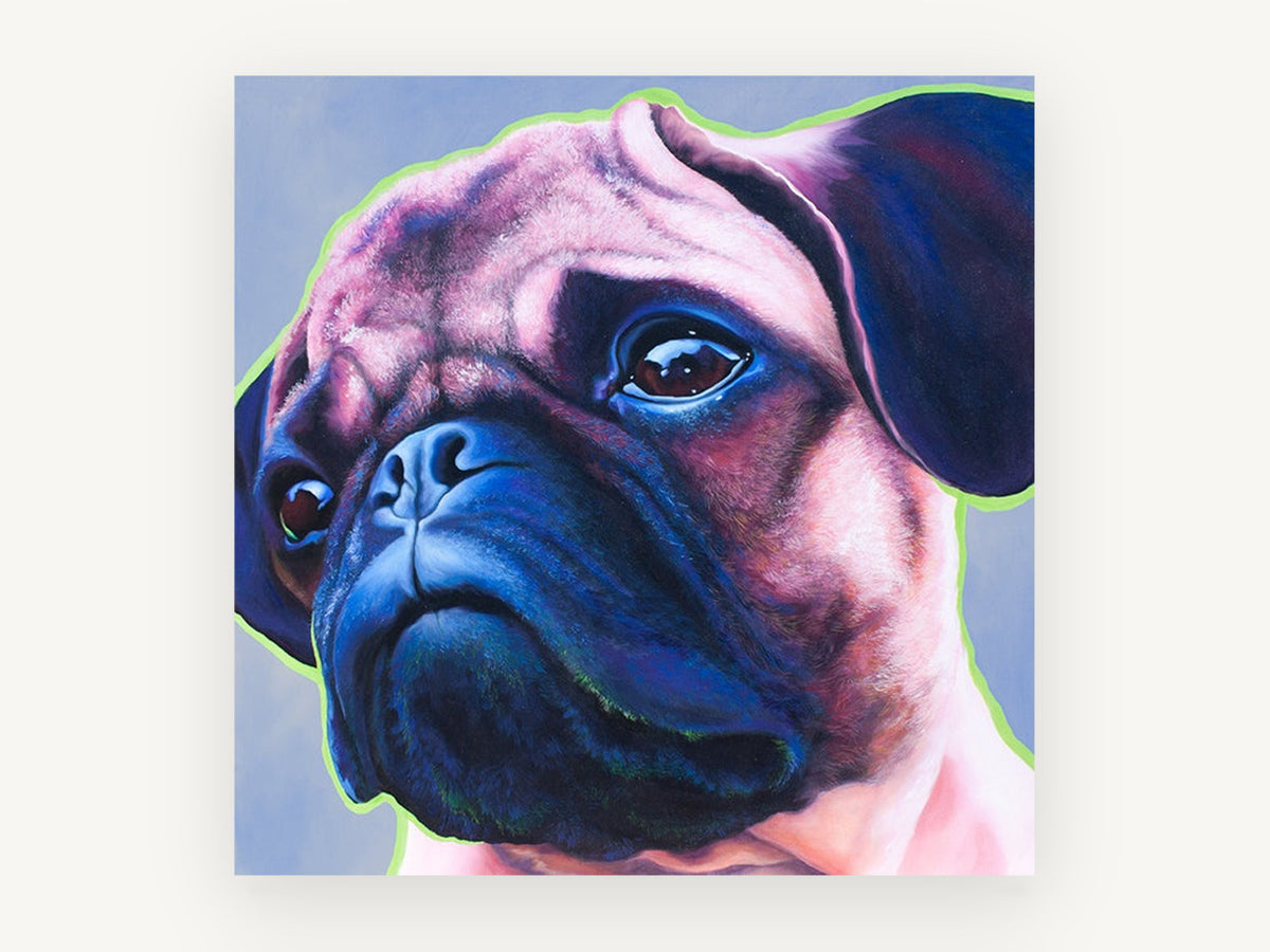 Lime Outline Pug, pug portrait close-up painting, animal canvas wall art print, front view