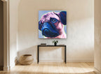 Lime Outline Pug animal canvas print on the wall of a hallway