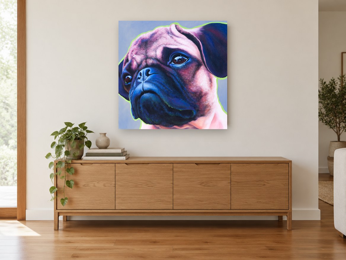 Lime Outline Pug animal canvas print on the wall of a living room above a sideboard