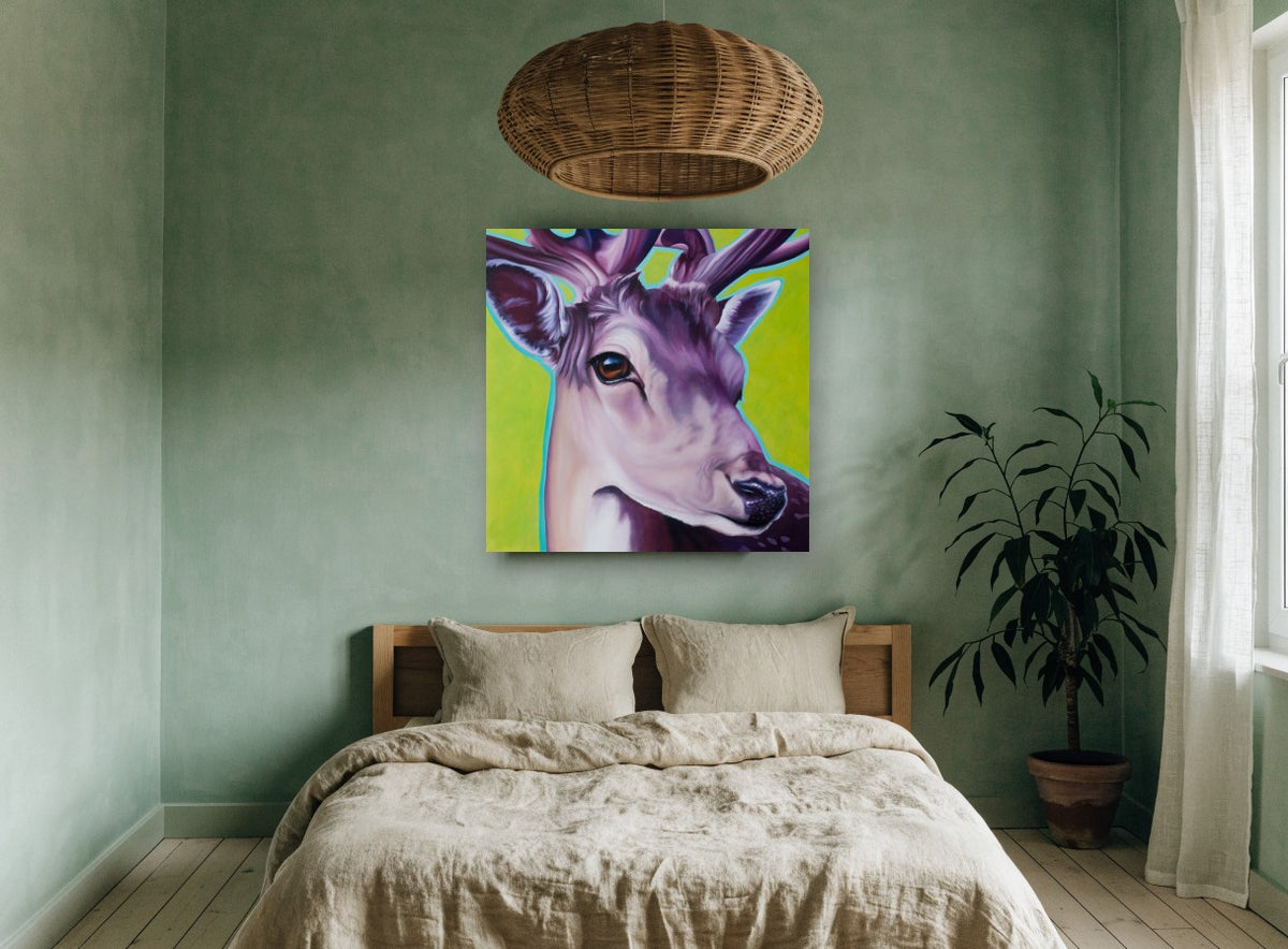 Violet Fallow Buck animal canvas print on the wall of a bedroom