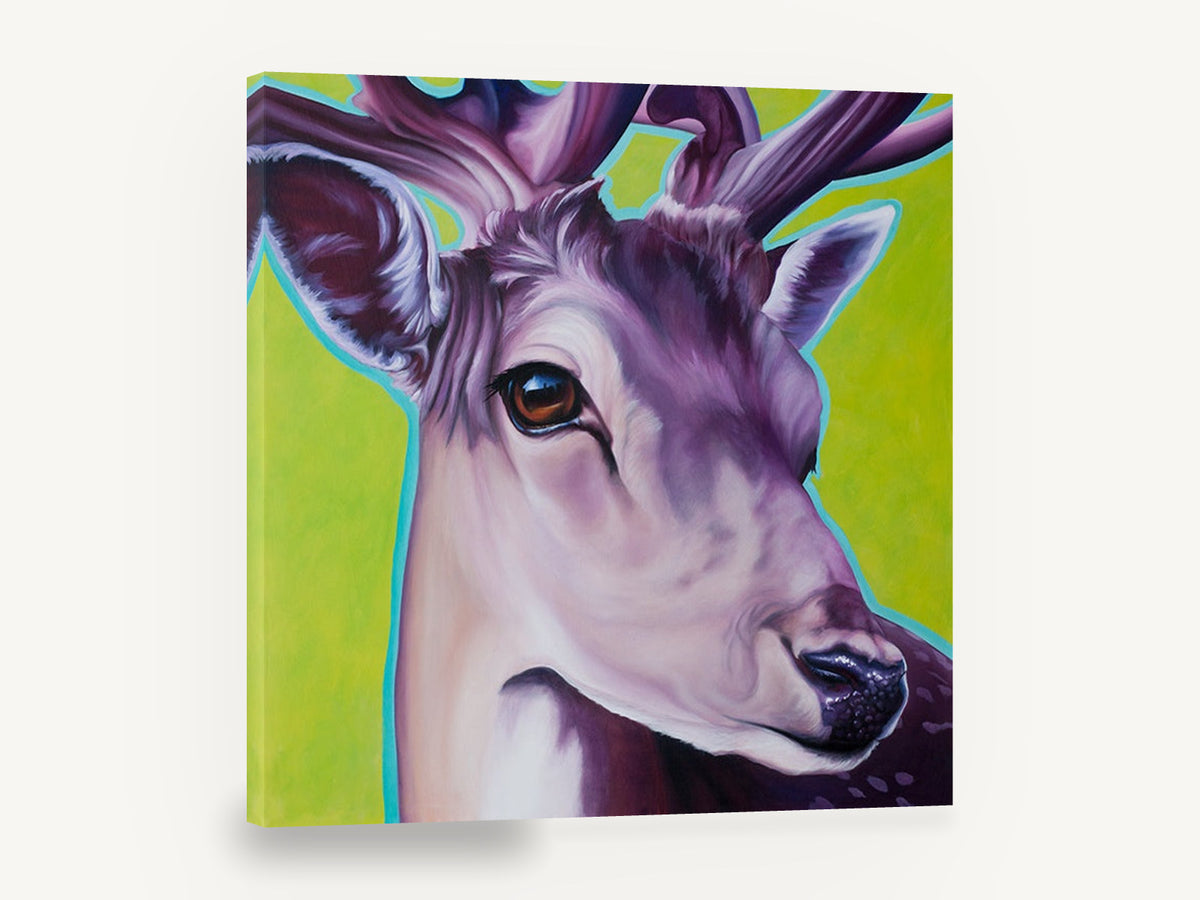 Violet Fallow Buck, purple deer portrait on green, animal canvas wall art print ready to hang