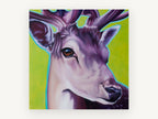 Violet Fallow Buck, purple deer portrait on green, animal canvas wall art print, front view
