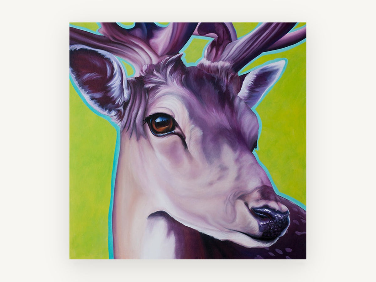 Violet Fallow Buck, purple deer portrait on green, animal canvas wall art print, front view