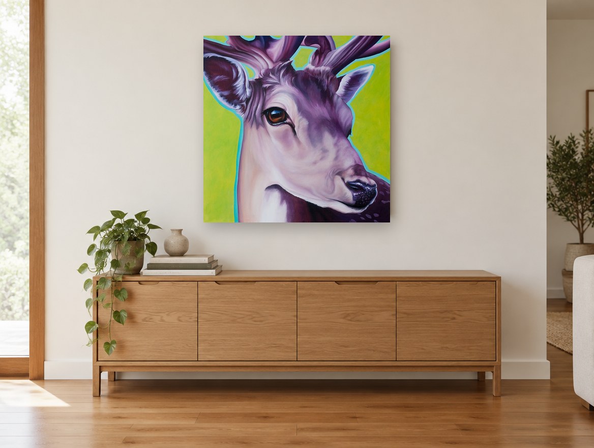 Violet Fallow Buck animal canvas print on the wall of a living room above a sideboard