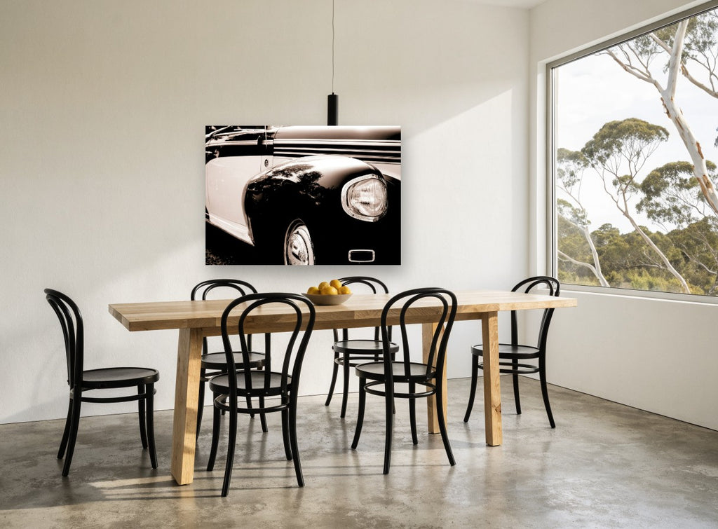 Chrome and Sepia Fender vintage canvas print on the wall of a dining room