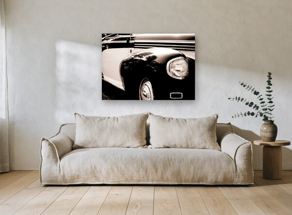 Chrome and Sepia Fender vintage canvas print on the wall of a living room