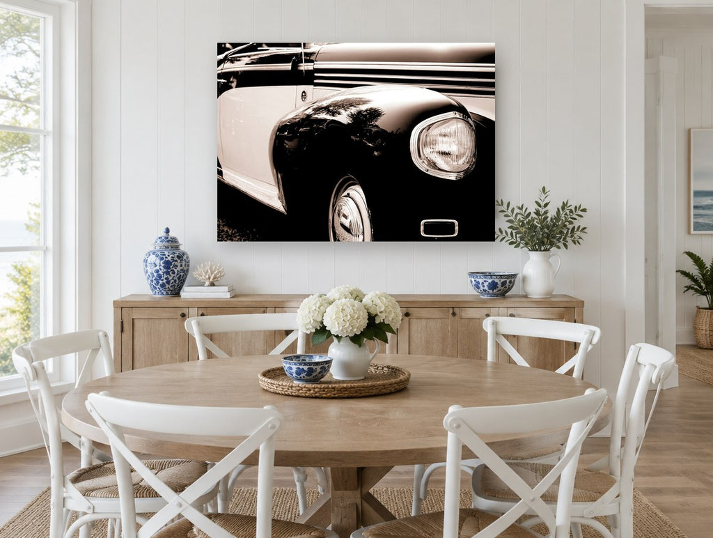 Chrome and Sepia Fender vintage canvas print on the wall of a Hamptons dining room